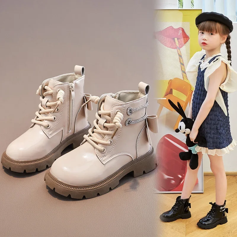 Rhinestones Decorate Bowknot Girls Ankle Boots Autumn Winter British Style Children Leather Boots Kids Soft Soled Anti-slip Shoe