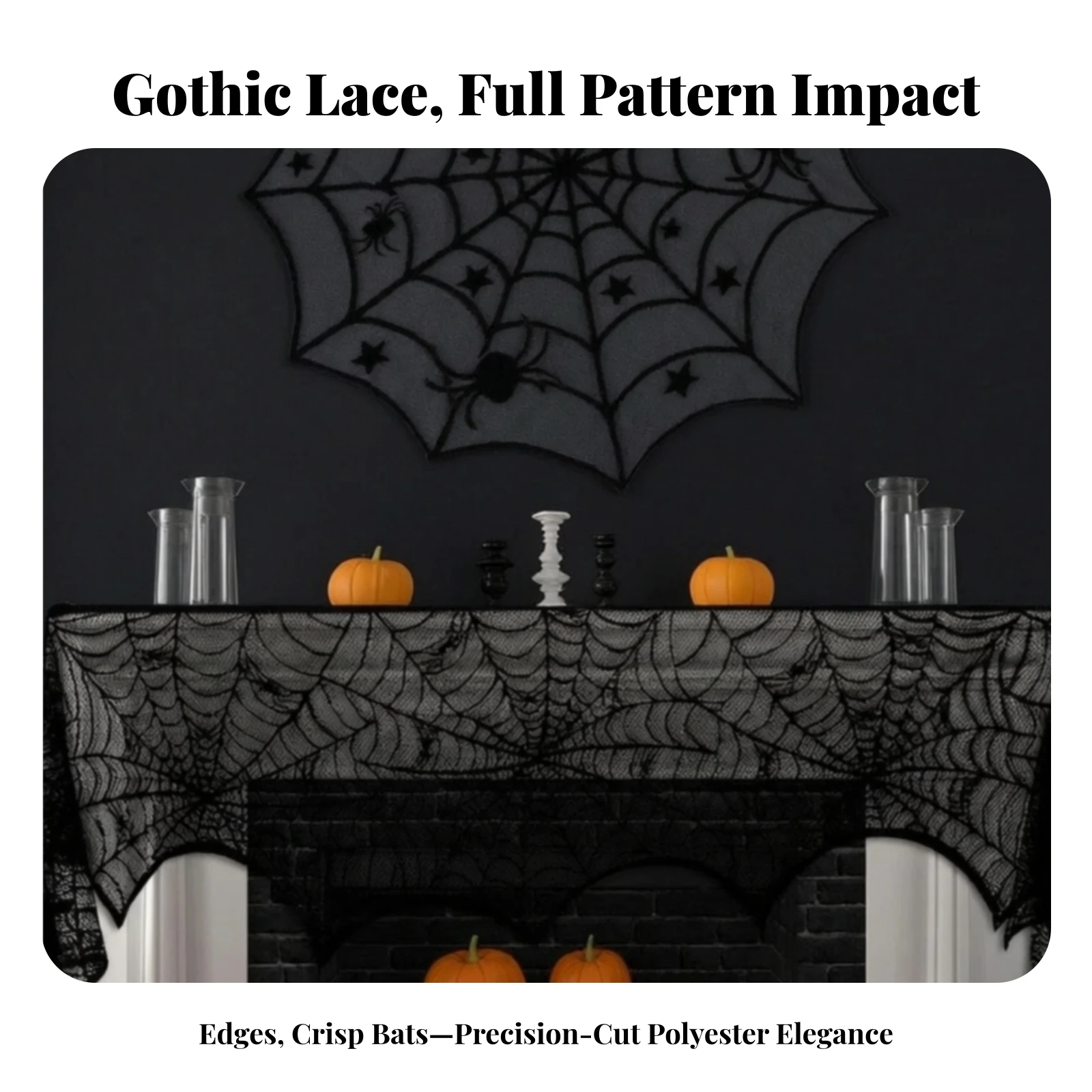 2 Pieces Tablecloth with Fireplace Scarf Scalloped Rectangular Tablecloth Lace Mantel Scarf Translucent Decorations Spooky