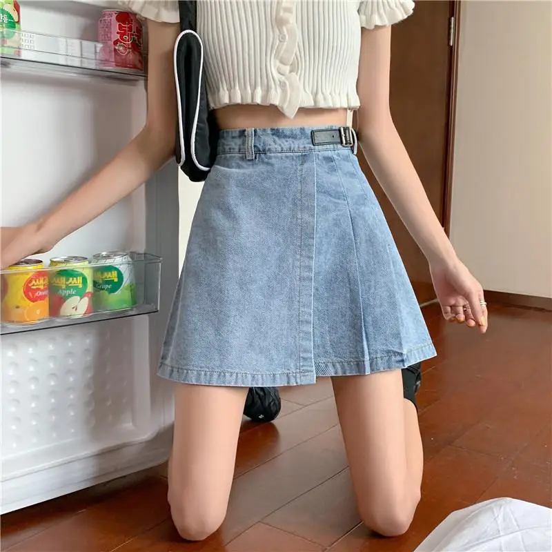 

Summer Elegant Skirts Women Blue Solid Denim High Waist A-line Mini Skirt Sexy Sashes Womens Fashion Korean Chic Kawaii Casual