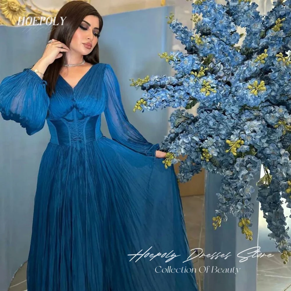 Hoepoly Chiffon A-line V-neck Ruffle Arab Prom Gown Floor-length Saudi Elegant Formal Evening Party Dress for Women 2023