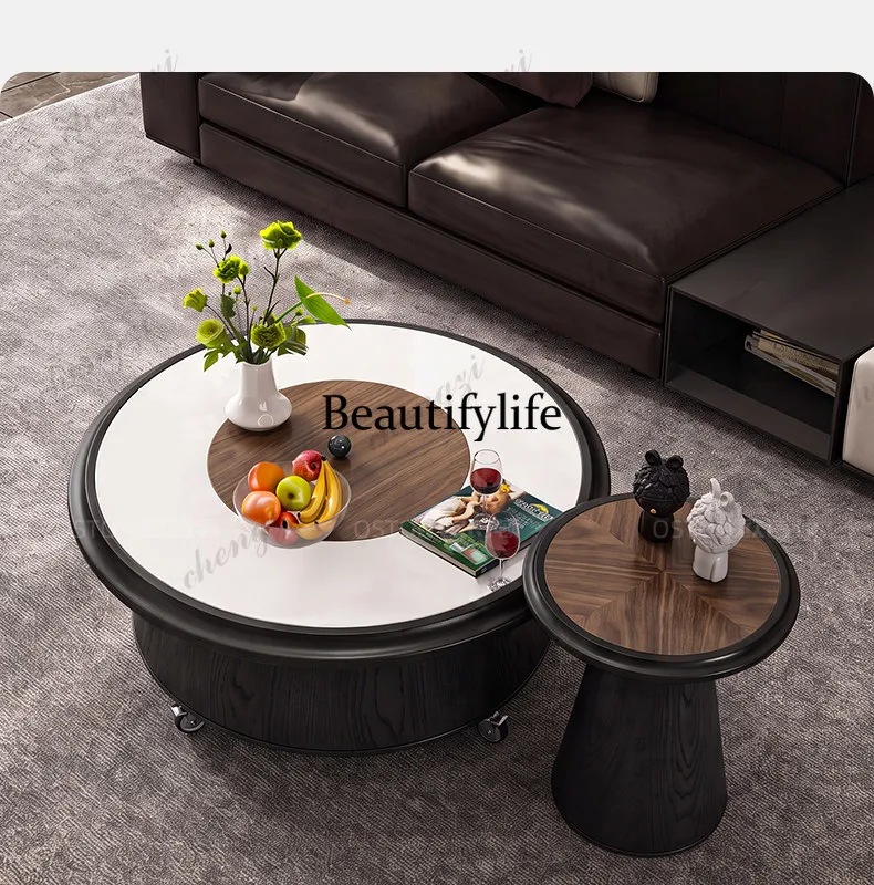 Medieval natural microcrystalline stone round coffee table movable with storage size round table living room household