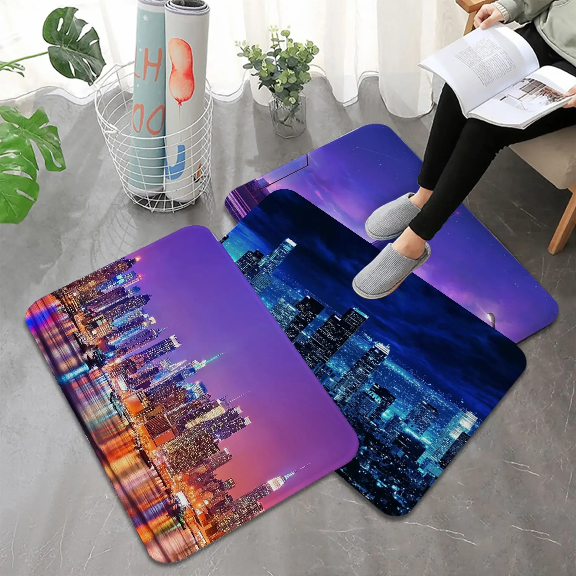 Night view of city lights  Printed Flannel Floor Mat Bathroom Decor Carpet Non-Slip For Living Room Kitchen welcome Doormat Rug