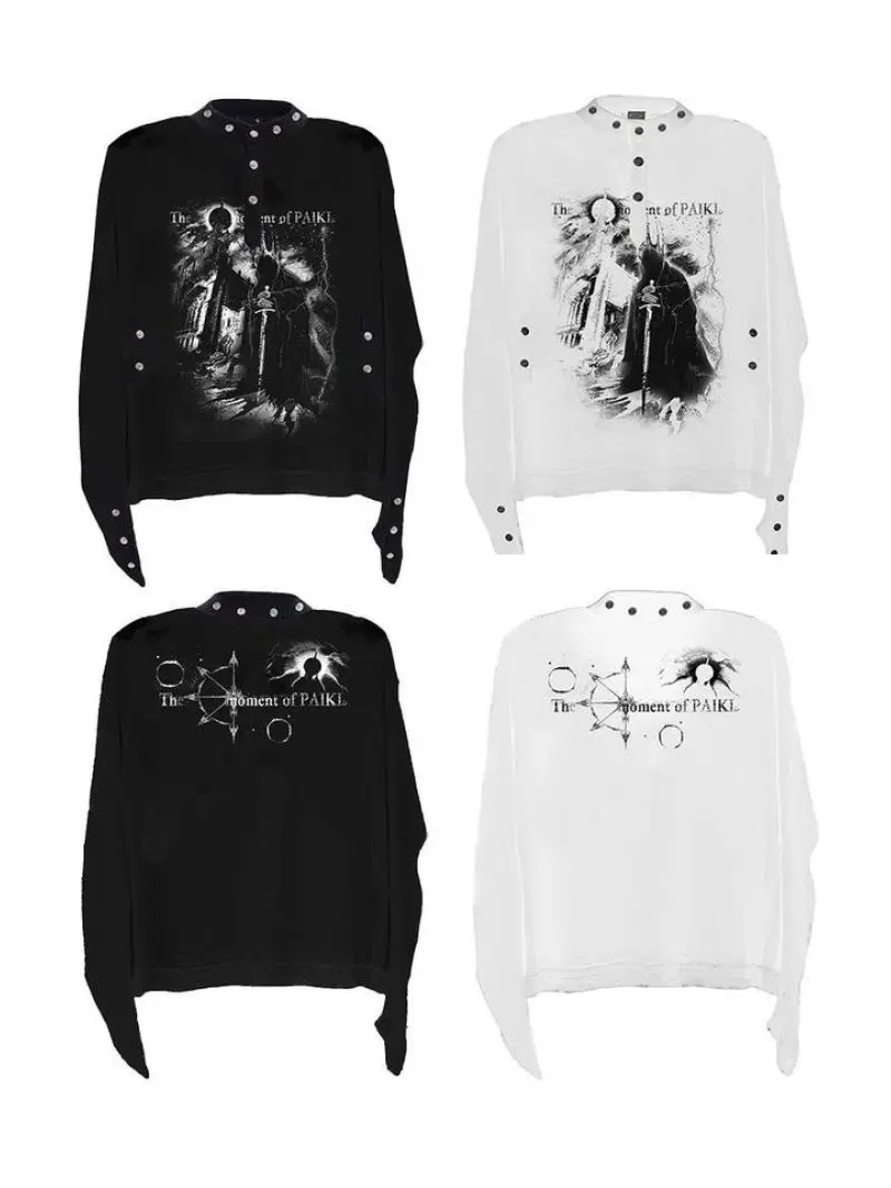 Paiki Print Long Sleeve Top Women Henley Neck & Button Detail Y2K Aesthetic Streetwear 2026
