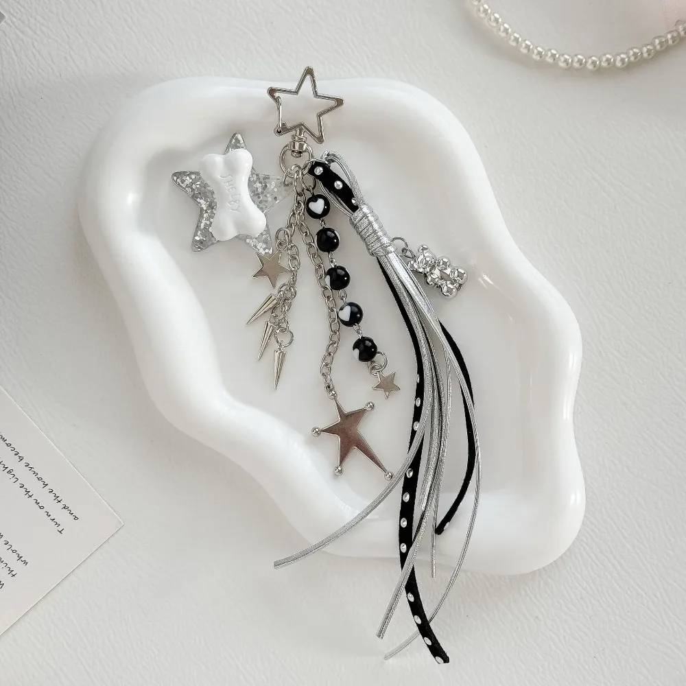 Ins Korean Cool Black Color Aesthetic Star Bag Charm Woven Rope Tassel Fashion Pendant Bear Decoration Keychain for Purse