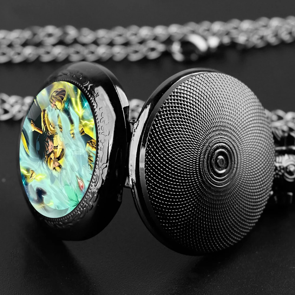 Saint Seiya Glass Dome Black Quartz Pocket Watch with Arabic Numerals Dial and Durable Chain Retro Gift for Men Women