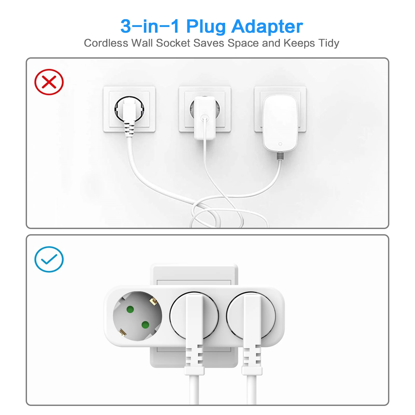 1/2pcs EU Plug Wall Socket Extender 1 To 3 Way European Conversion Plug Germany Standard Multiple Plugs Socket Adapter for Home