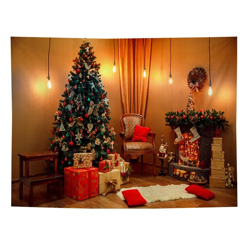 Christmas Tapestry  Tree  Gift Fireplace  Home Room Living  Wall Decoration Background Cloth