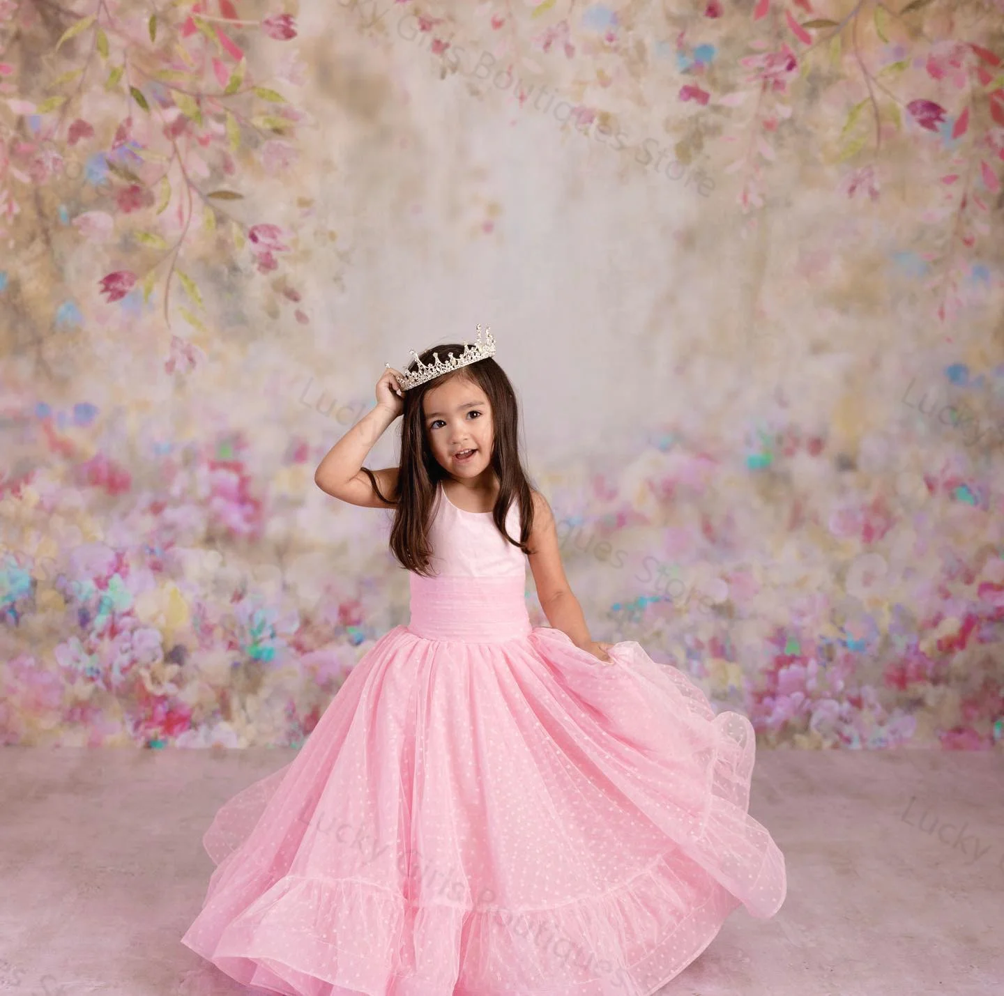 Elegant Pink Flower Girl Vestidos, Tiered Ball Gown, Little Girls Vestidos de Aniversário, Charming Sem Mangas, Crianças Fotografia Vestidos