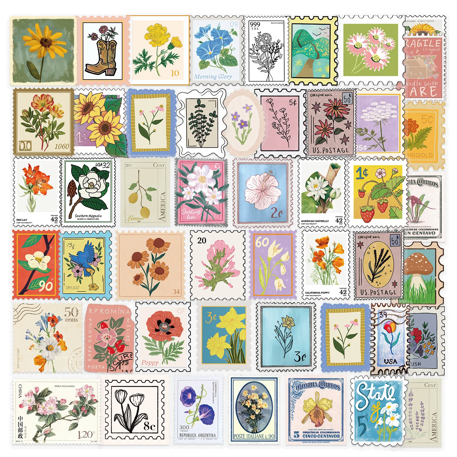 50 Stück Vintage Blumenstempel Aufkleber Ästhetische Kunst PET Aufkleber Scrapbooking Label Tagebuch Schreibwaren Computer Kühlschrank