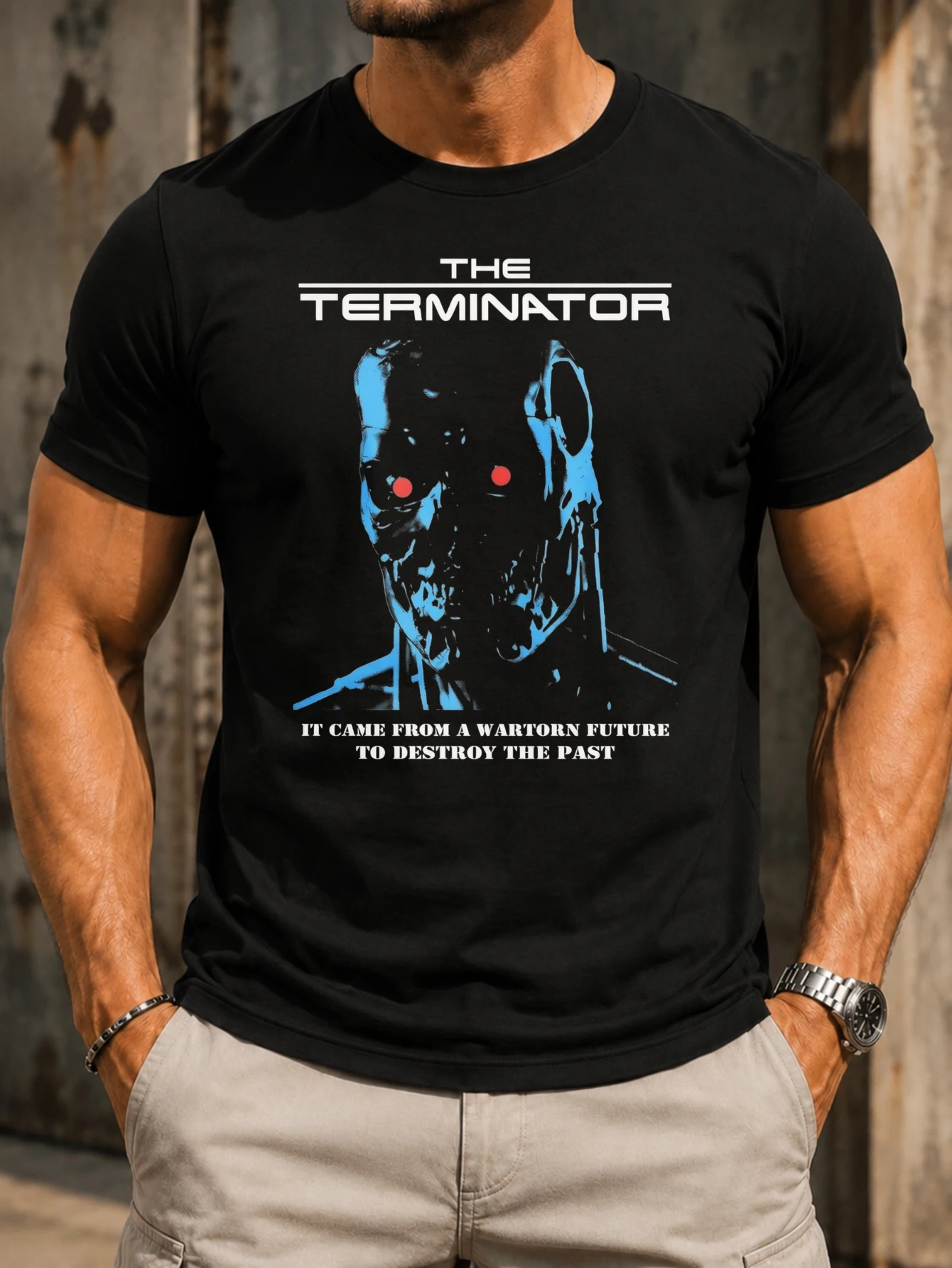 Wartorn future robot  with glowing red eyes and destruction slogan graphic with vivid centered  Unisex All T-Shirt