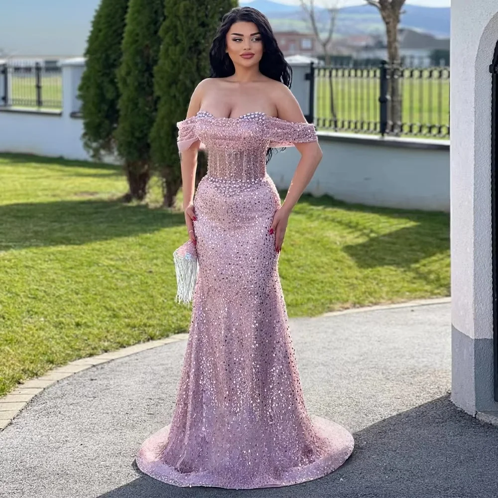 Pink Elegant Evening Gown Off the Shoulder Evening Dress with Pearls and Sequined Mermaid Prom Gown for Woman Customized