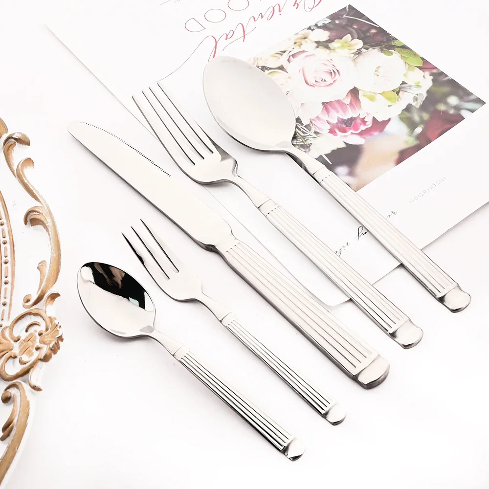 Silver 30Pcs Dinnerware Set Stainless Steel Dinner Knife Fruit Fork Teaspoon Spoon Cutlery Set Kitchen Tableware Flatware Set