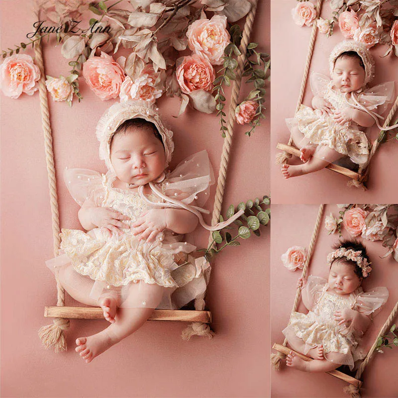 

Newborn baby girl photography outfit set lace hat with pearl fairy sleeve dress Tulle dress infant photo props milestone shoot