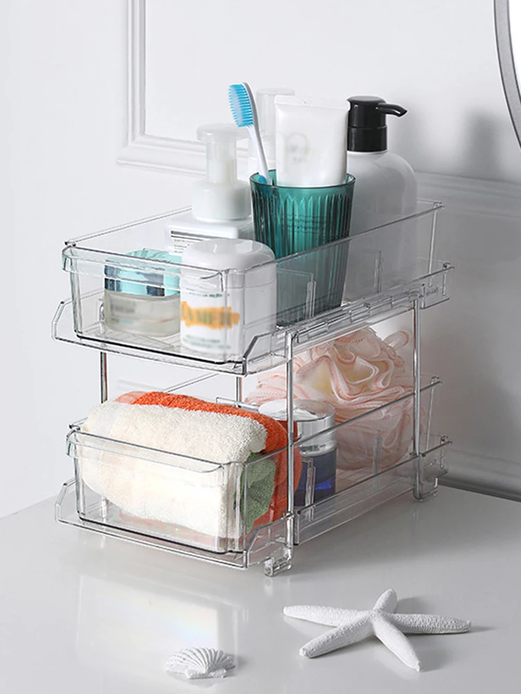 

2 Tier Acrylic Stackable Drawer Organizer Tray 2 Sliding Storage Drawers/Baskets Clear for Cabinet Pantry for Under Sink Office