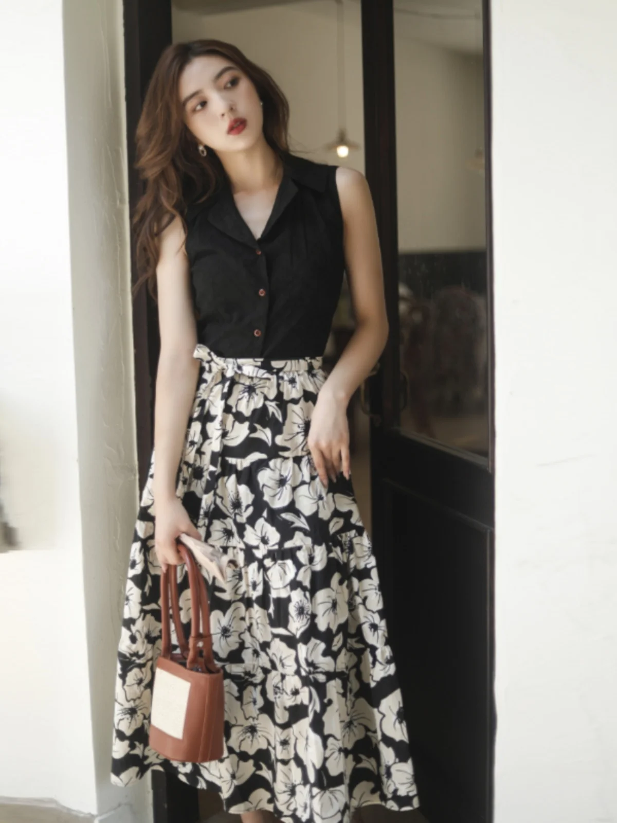 

Floral Print High Waist A-Line Midi Skirt Women's Summer Vintage Style Half-length Cotton Blend Casual Office Wear