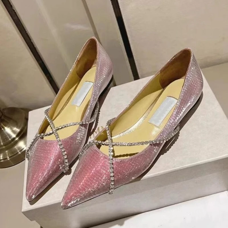 

2025 European and American Spring and Autumn New Women's Pointed Flat Shoes Diamond Chain Decorative Shallow Mouth Shoes