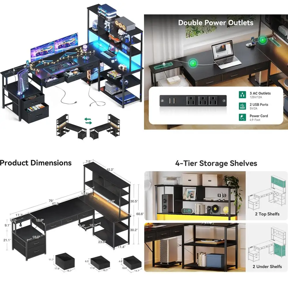 

79 Inch L-Shaped Desk with 5 Drawers, LED Light and 2 Power Outlets for Gaming and Computer Use