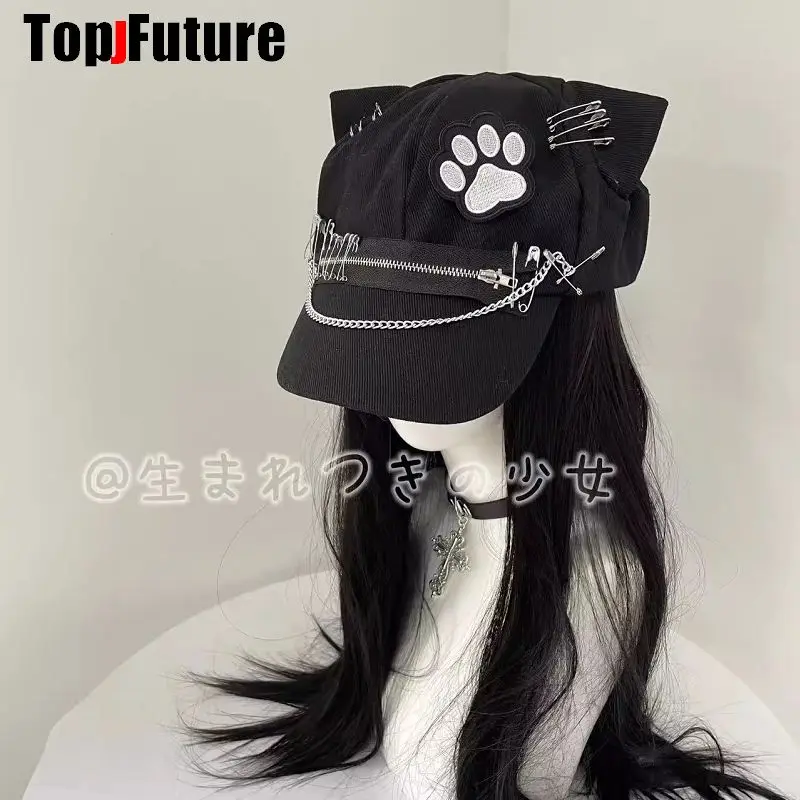 Harajuku Gothic Lolita Cat Ear Hat Women Punk Cross Chain Subculture Spice Girl Tassels Summer Cap Y2K Girls Pins Sun Hat