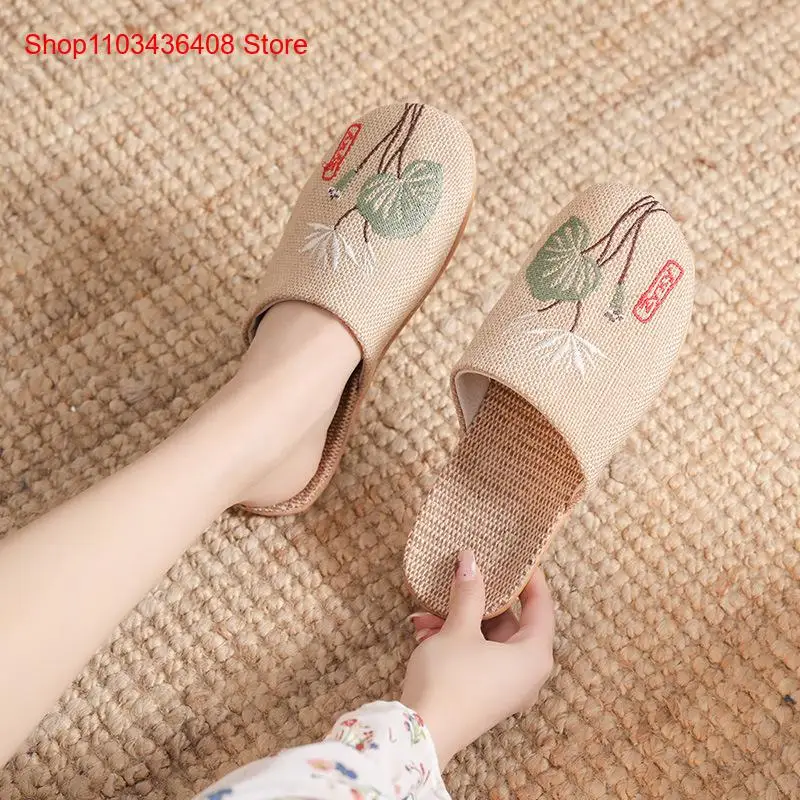 Lady Linen Slippers Men Women Baotou Cotton Linen Thick Bottom Embroidered Comfortable Couple Sweat Absorbing Floor Home