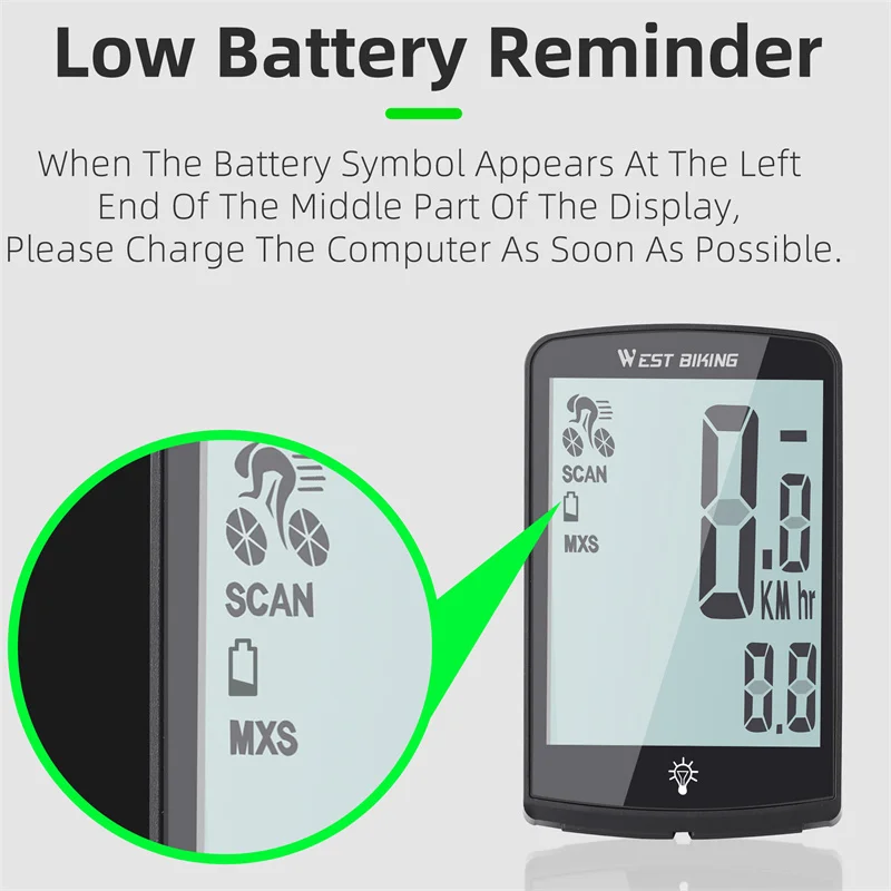 WEST BIKING Bike Computer Wireless Speedometer 3.4 Inch Large Screen USB Rechargeable Waterproof Multi-function for Cycling