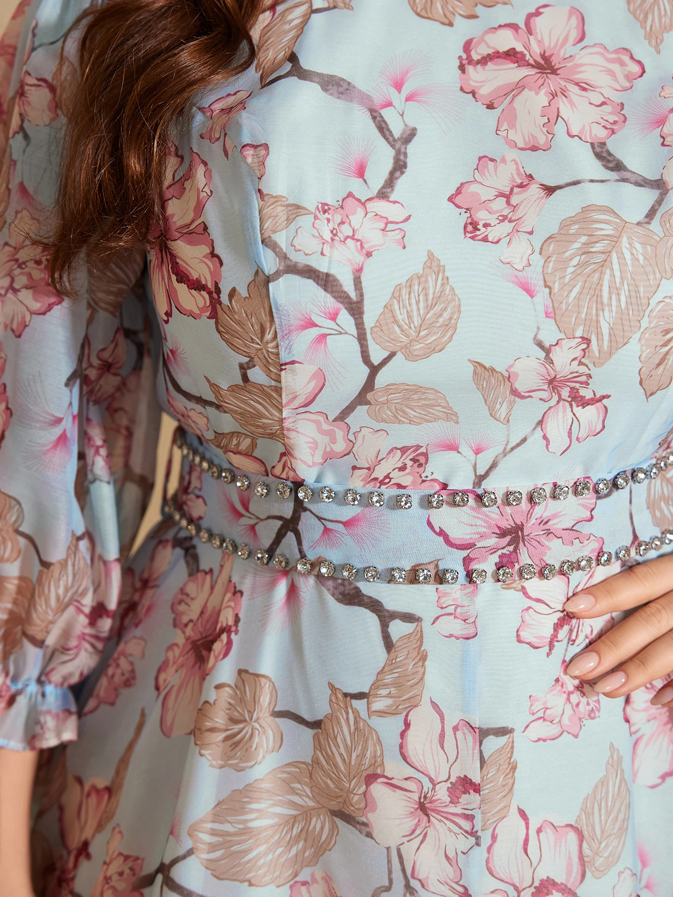 UNITHORSE – robe élégante en mousseline de soie, col rond, manches lanternes, imprimé Floral, avec perles à la taille, cravate, longueur au sol