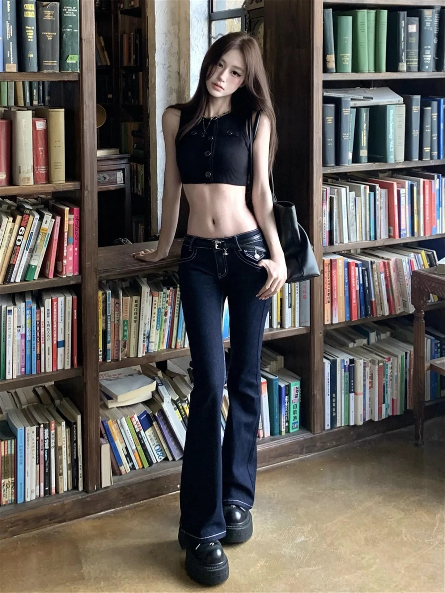 Low Waist Bell Bottom Denim Jeans Women's Spring Summer Slimming Design Sensation Tight Fitting Floor Length Pants
