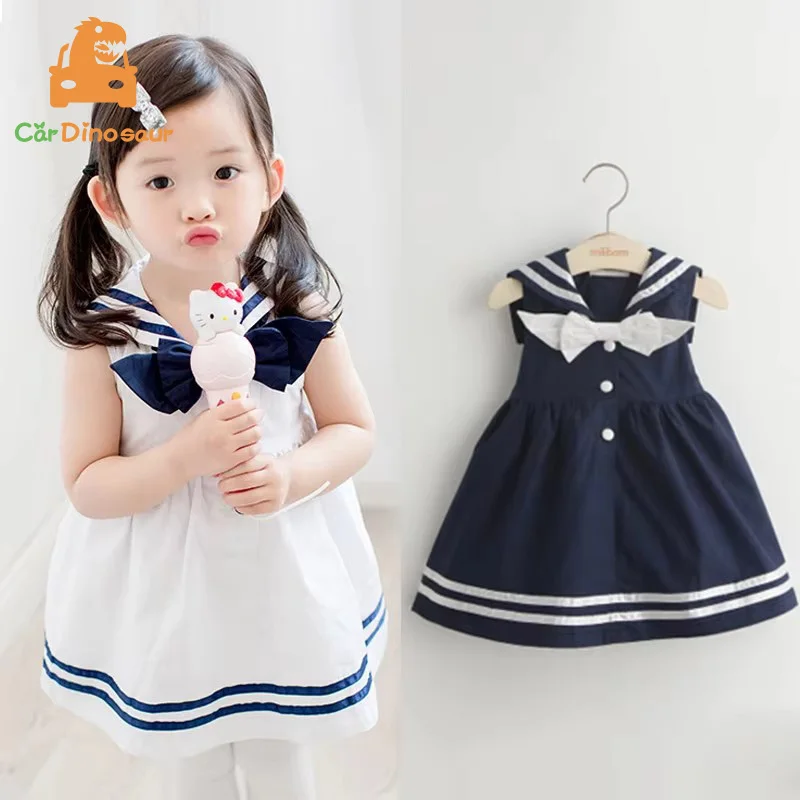 

Summer 6 8 10 Years Children Sweet Sleeveless Bow Sailor Collar Navy Blue White Patchwork Little Kids Girls Navy Vest Dress