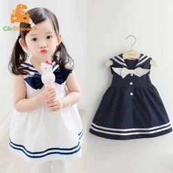 Summer 6 8 10 Years Children Sweet Sleeveless Bow Sailor Collar Navy Blue White Patchwork Little Kids Girls Navy Vest Dress