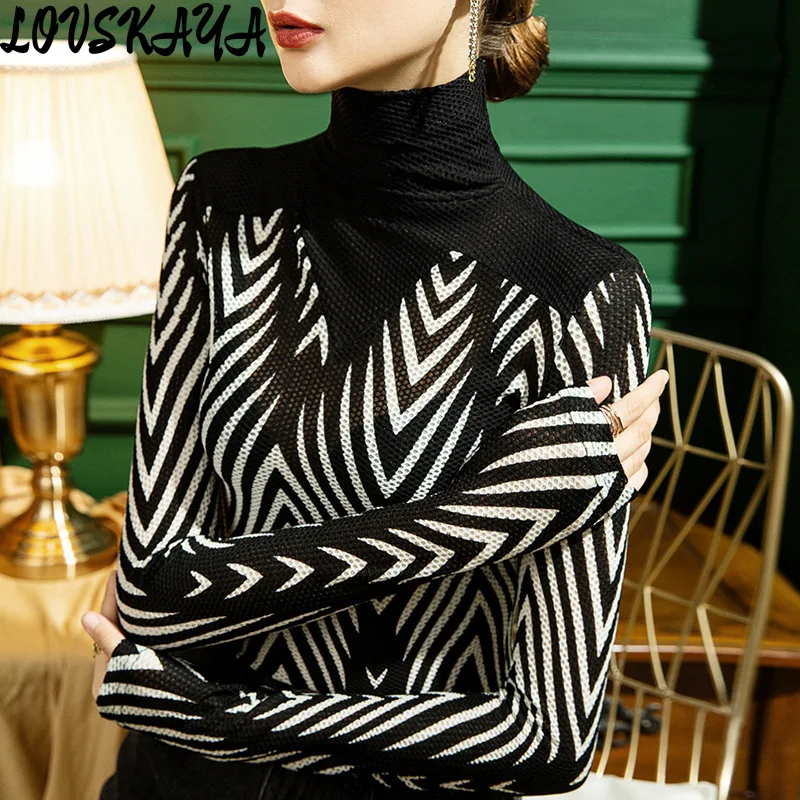 Zebra patterned long sleeved small shirt autumn new high necked lace bottom shirt women slim fit patchwork stylish