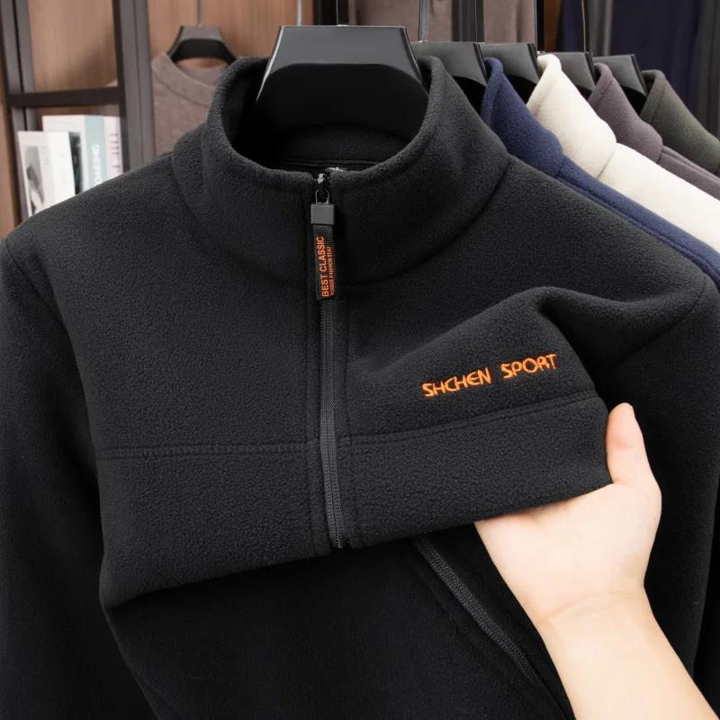 سترة رجالية فاخرة عالية الجودة شتاء جديد مبطنة بالصوف سميكة التطريز الساخن الوقوف طوق بلون سستة الترفيه MensTops #4