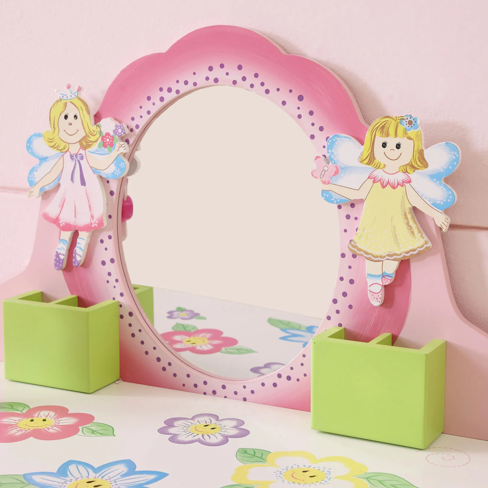 Toddler Girls Makeup Dressing Table Pretend Vanity Set Wooden Kids Vanity Set Makeup Table Chair Set with Mirror Drawer