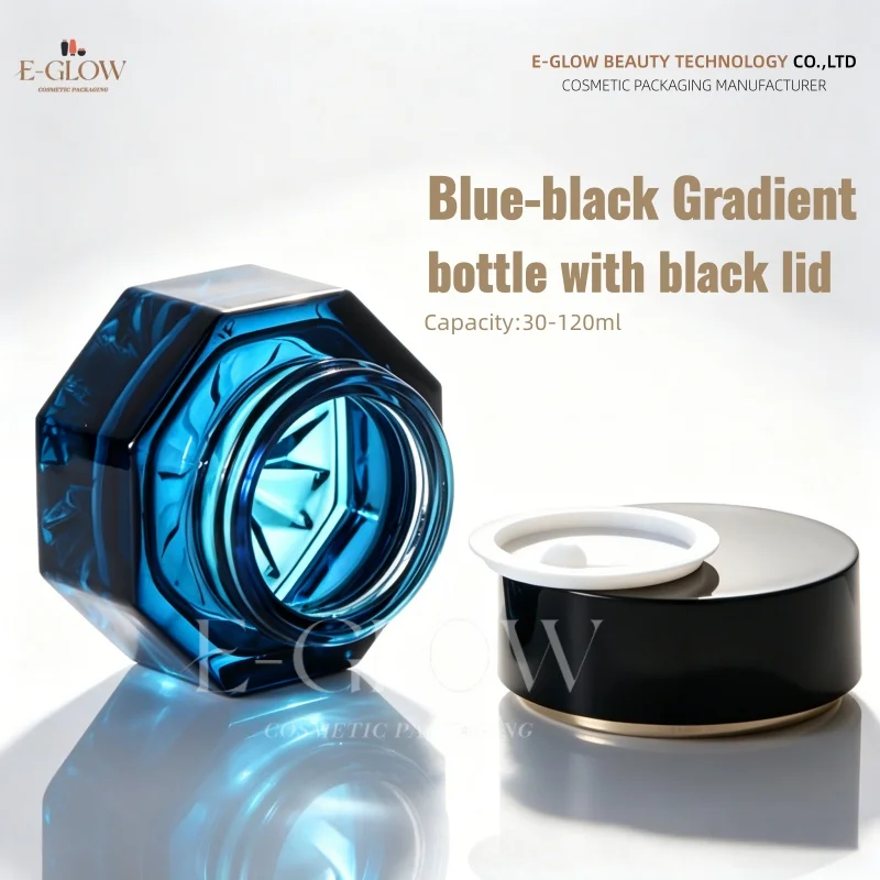 【Logo Custom】1Pcs Ocean Gradient Blue Cosmetic Lotion Pump Bottle 100ml Glass Sprayer Bottle Custom Logo  50g Blue Cream Jar
