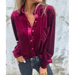 Casual Gold Velvet Shirt Solid Splicing Long Sleeved Single Breasted Versatile Top Loose Base Shirt For Women Women Clothing