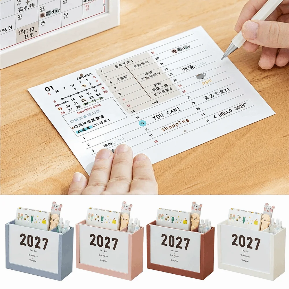Self-discipline Plan 2027 Desk Calendar Multicolor Plastic Makeup Brush Holder Two Grids Multi-Function Desktop Organization Box