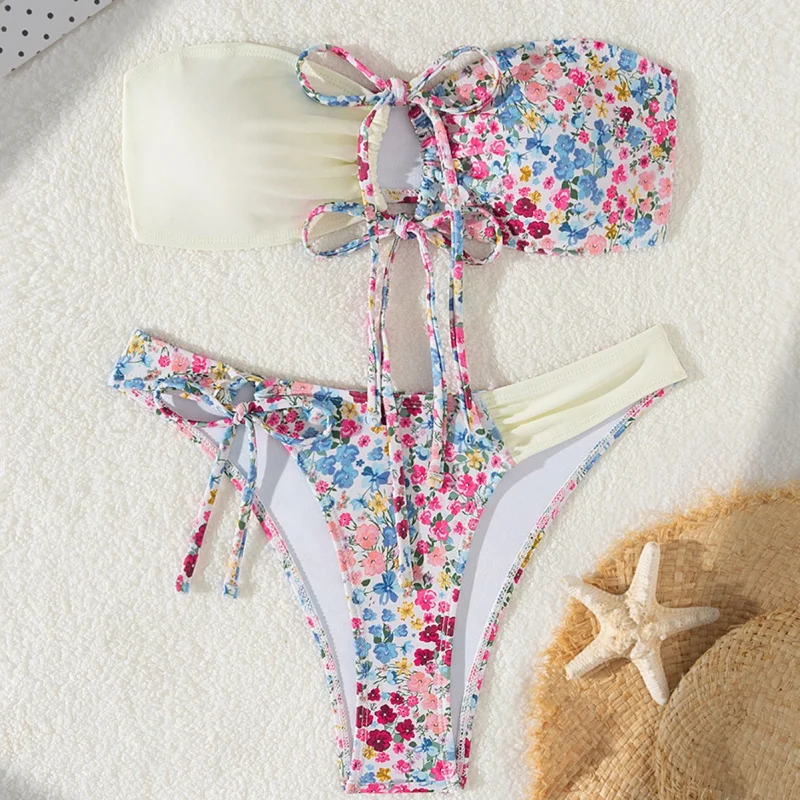 New hot-selling strapless two-piece swimsuit with printed bikini for women, sexy style