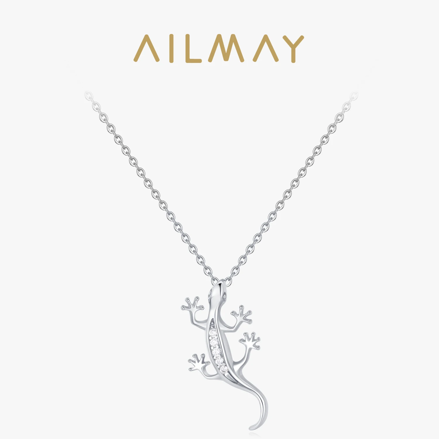 Ailmay Authentic 925 Sterling Silver Fine Lizard Zircon Pendant Necklace For Women Girls Personality Party Accessories Jewelry