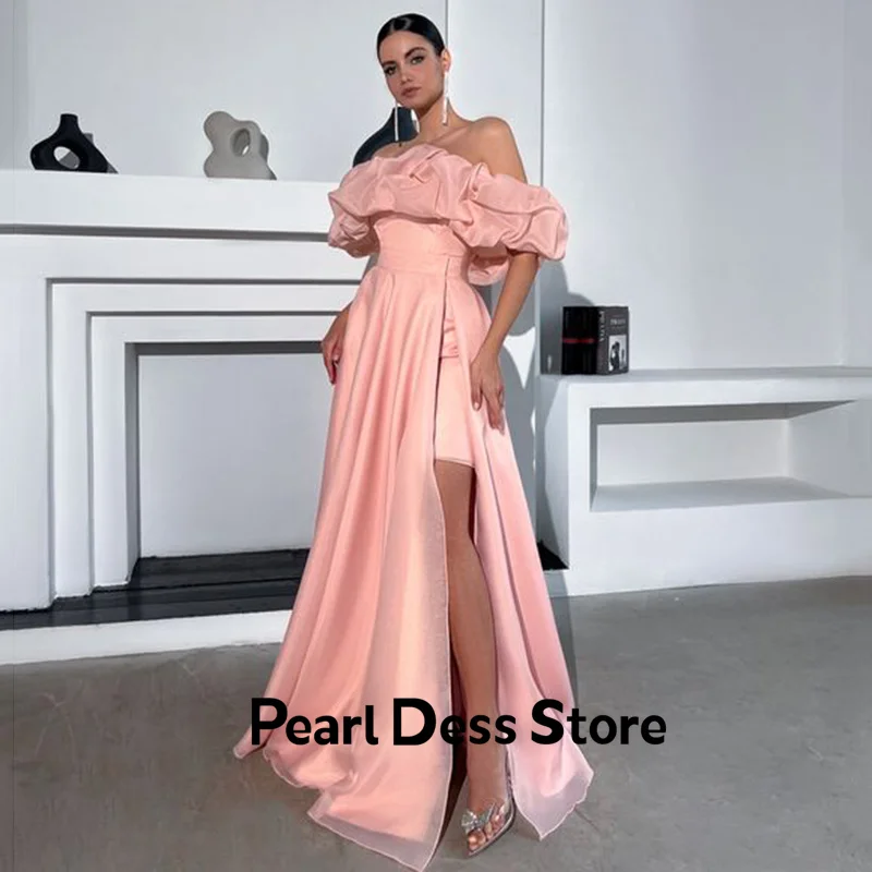 

Off The Shoulder Ruffles Pink Evening Dresses Long Backless Pleat Satin Prom Dress Side Split New Celebrity Party Gowns