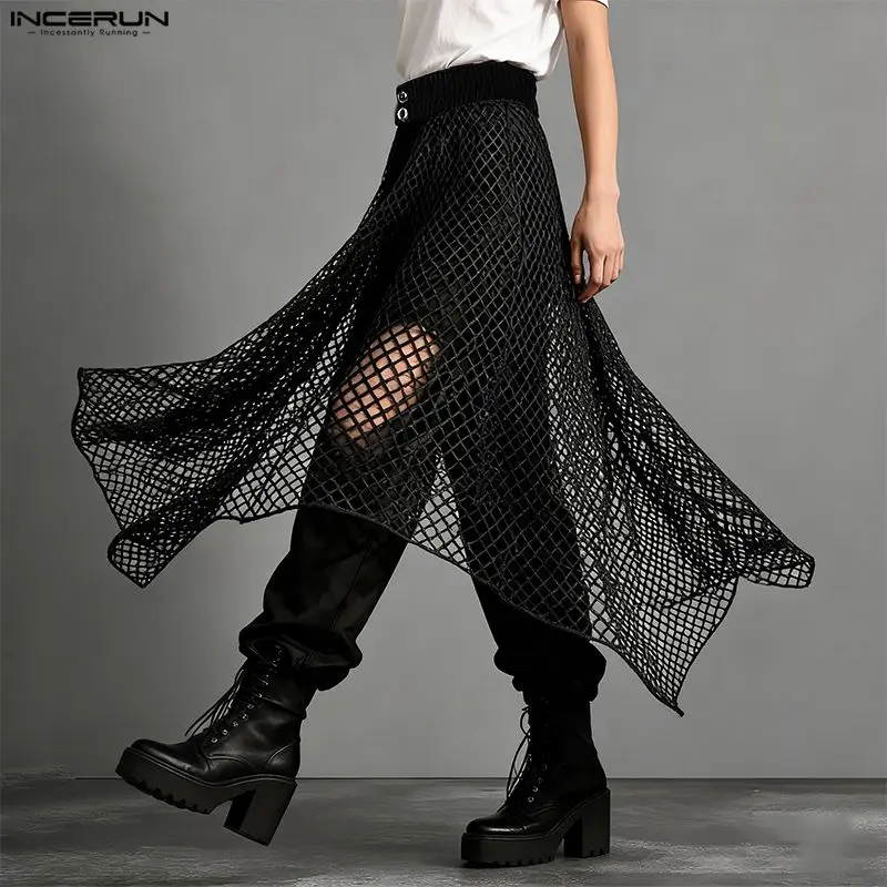 

INCERUN Men Irregular Skirts Mesh See Through Elastic Waist Men Bottoms Streetwear Loose Personality Fashion Casual Male Skirts