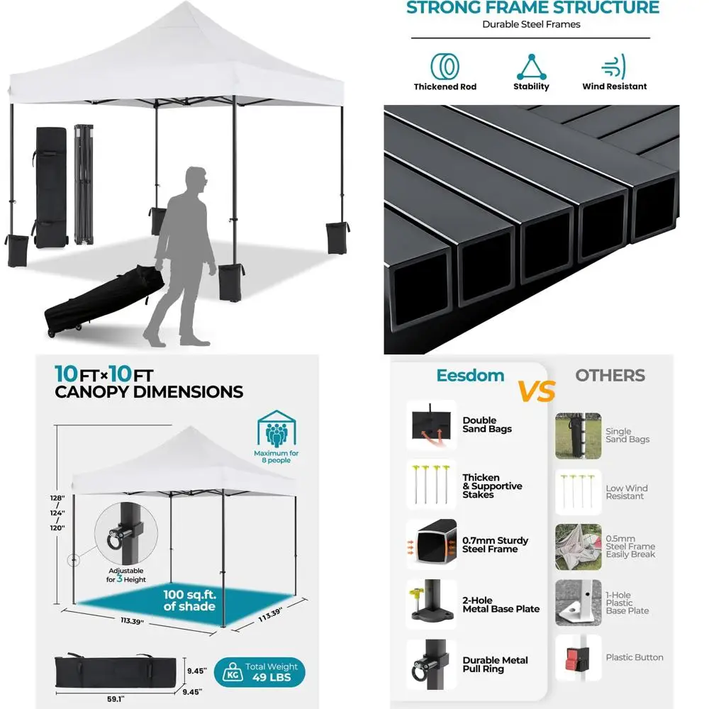 

Portable 10x10 Commercial Pop Up Canopy Tent with Wheeled Bag, Easy Setup, Waterproof, Includes 4 Stakes, Sandbags, and Ropes fo