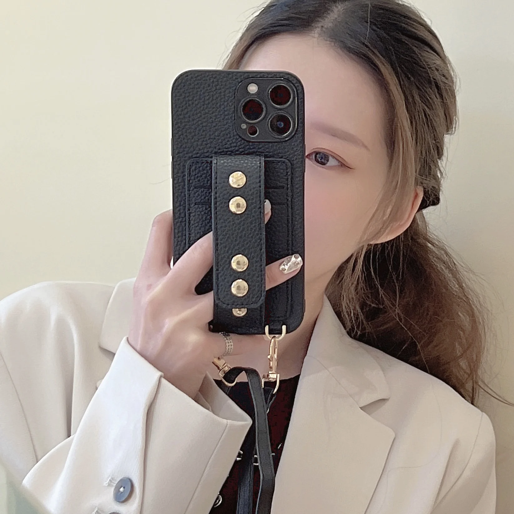 Custodia a portafoglio con cordino a tracolla con supporto per cinturino rivetto per iPhone 11 13 12 11pro 14 pro 12pro max x xr xs custodia per porta carte di credito