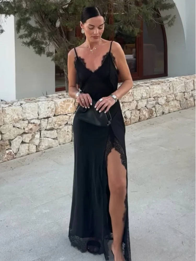 

Атласное платье с кружевной отделкой и высоким разрезом, женское, сексуальное, черное, без рукавов, с открытыми плечами, V-образным вырезом, на бретельках, 2026, для вечерних мероприятий