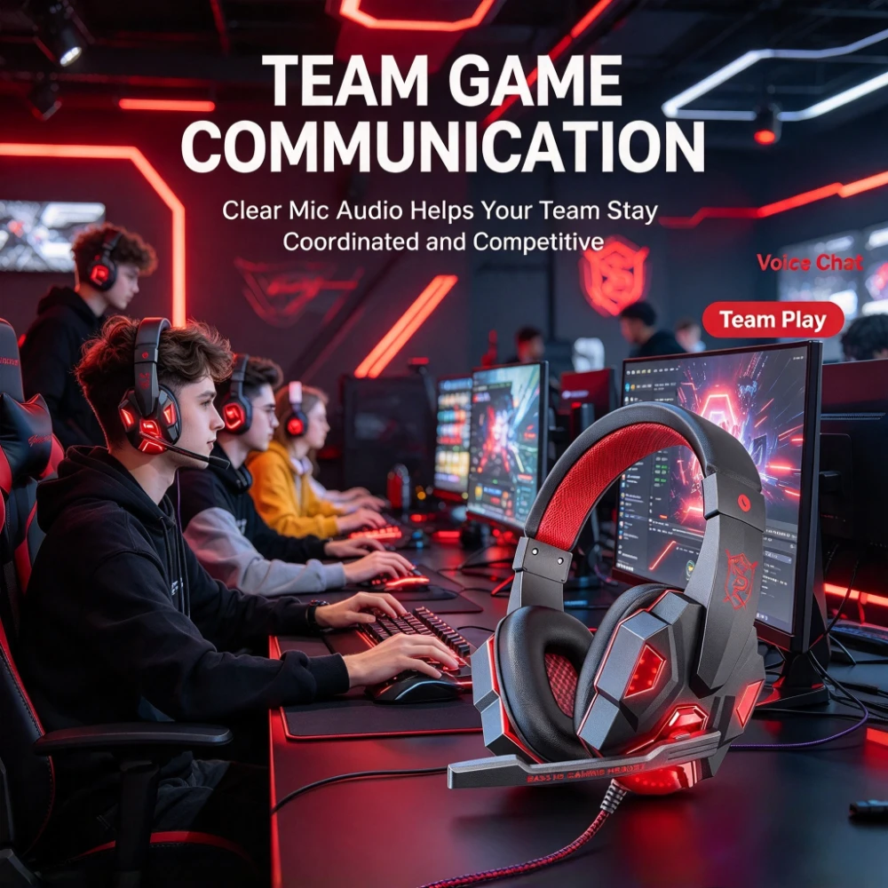 1pc RGB Gaming Headset with Noise Cancelling Mic & LED Lights Over-Ear Stereo Headphones for Team Voice Chat PC PS4 Xbox & Esports Competition