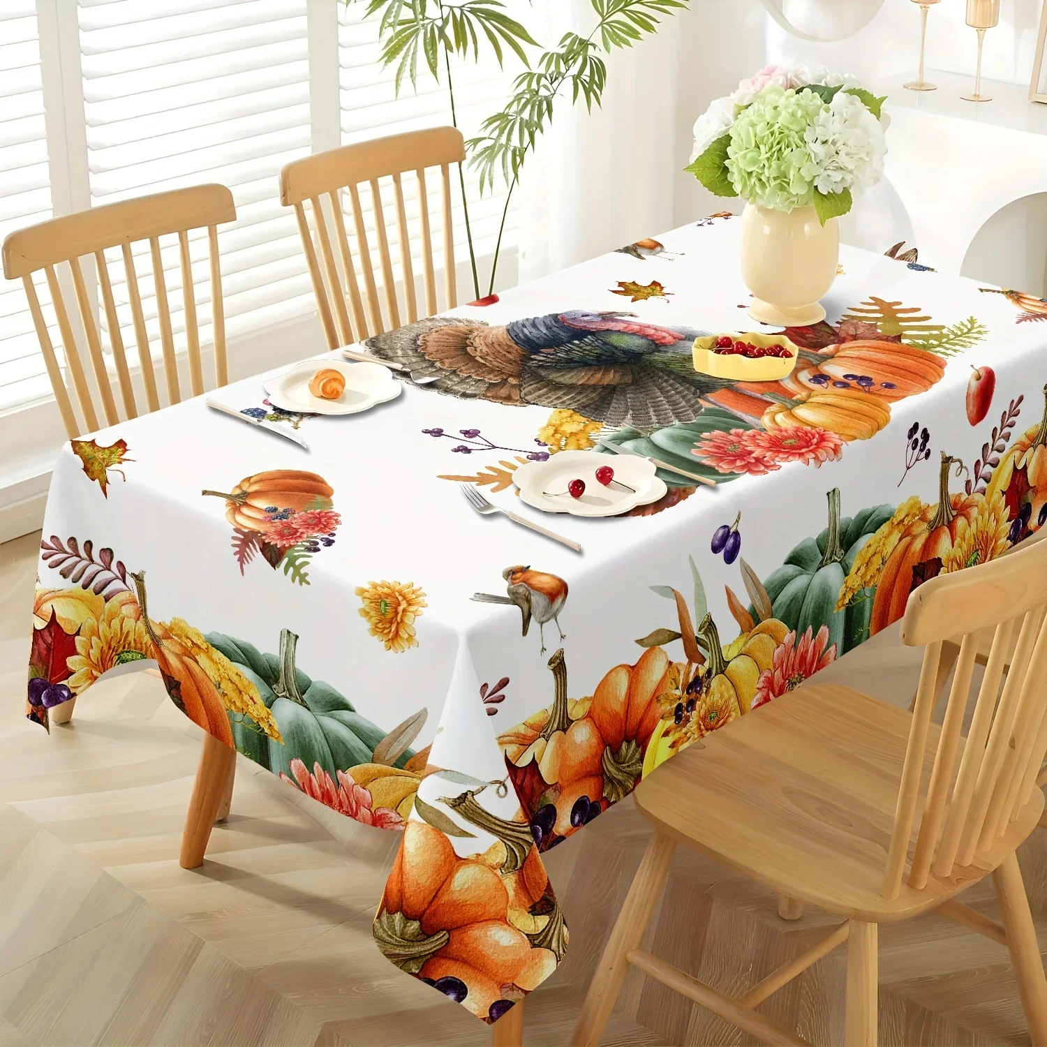 One vintage Thanksgiving pumpkin and turkey tablecloth, Harvest and Fruit & Vegetable tableclothxzj