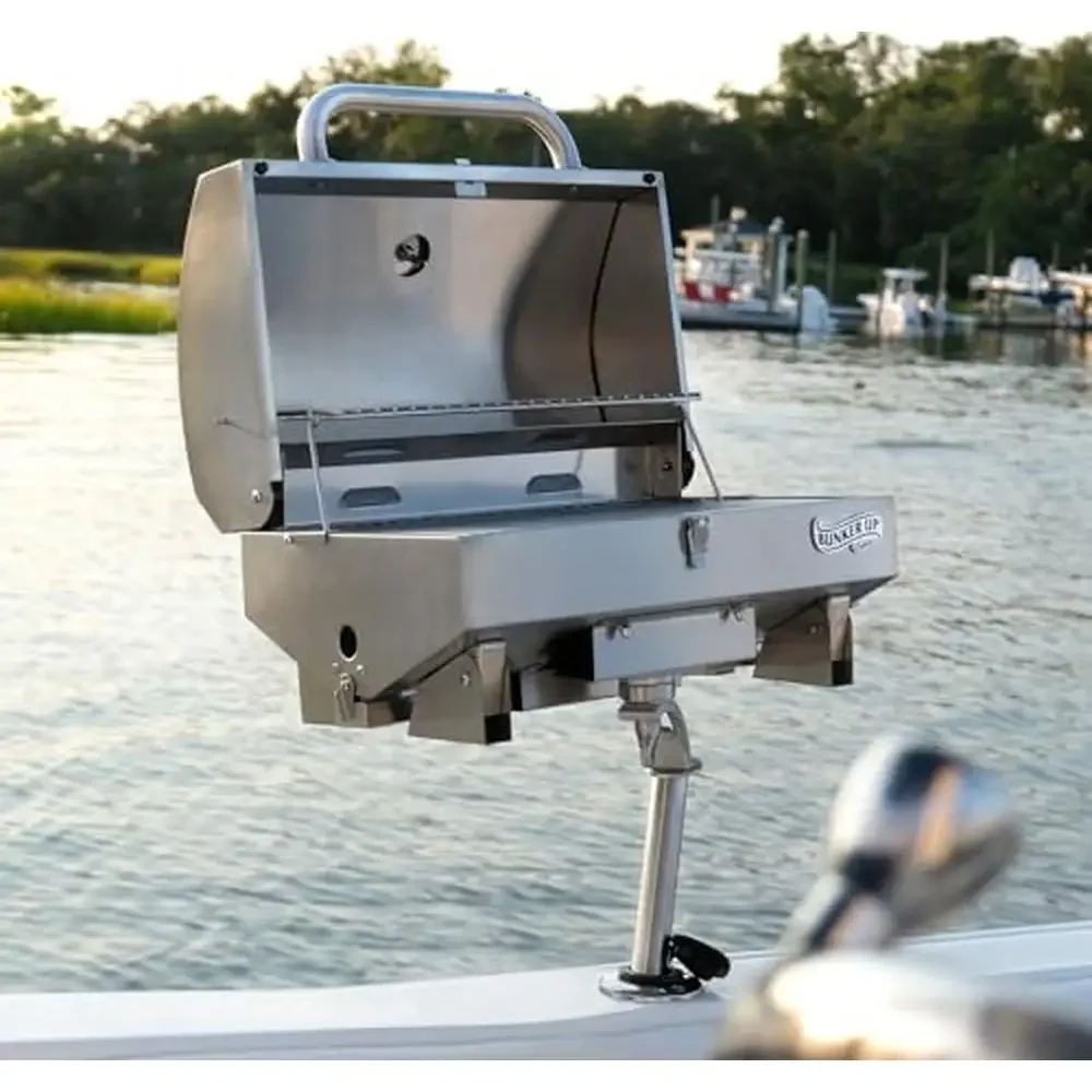 Stainless Steel Boat Grill Rod Holder Mount Portable BBQ 12000 BTU Adjustable Bracket Built-in Thermometer Electric Start