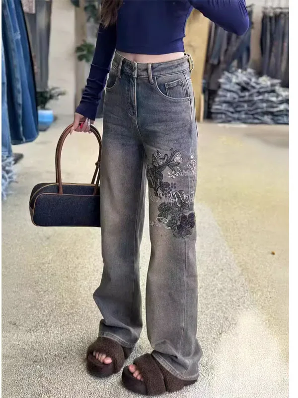 

Женские джинсы прямого кроя Heavy Du, весенняя мода, с вышивкой и стразами, универсальные, с высокой талией, джинсовые брюки для повседневной носки