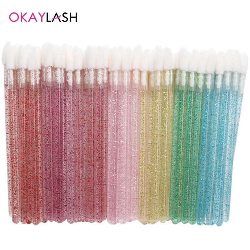 Okaylash Disposable Glitter Lip Gloss Brush Eyelash Extension Cleaning Brushes Crystal Lipstick Applicators Cleaner Makeup Tools