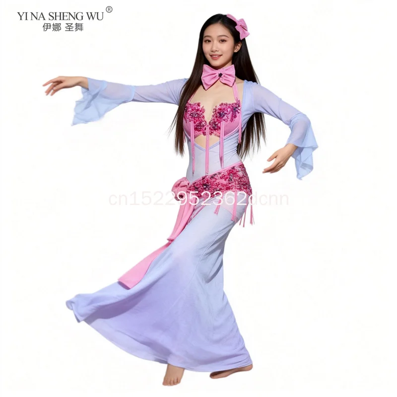 Traje de danza del vientre para actuación de danza Oriental, 4 Uds., con sujetador de diamantes de imitación personalizado, bata cómoda, cinturón de piedras AB y pañuelo para la cabeza