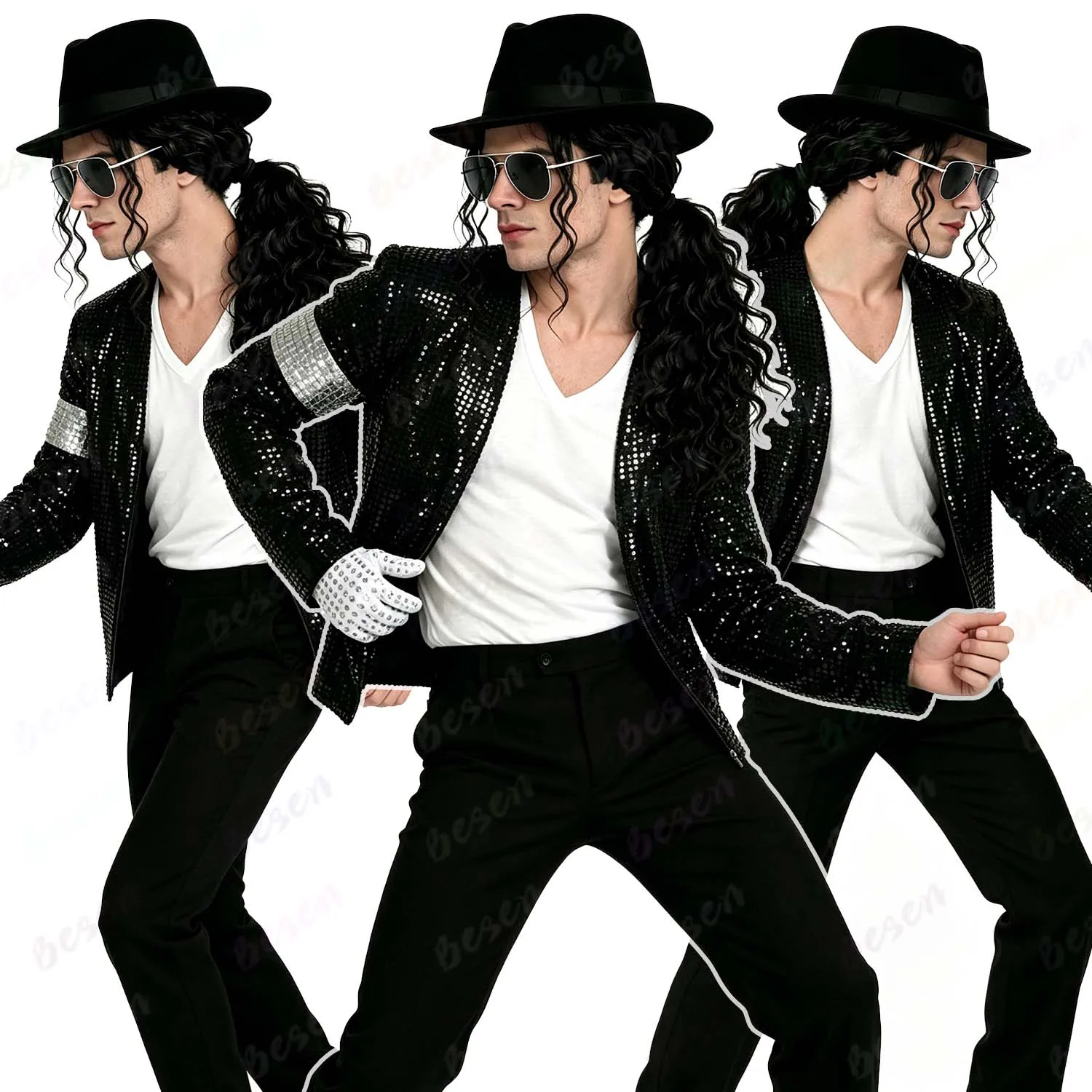 Synthetic Men's Long Curly Black Wig+Glasses+Glove,Michael Jackson Cosplay Wigs,70s 80s Rocker Party Cosplay Halloween or Fun