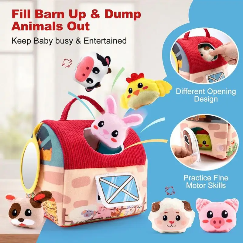 Farm Animal Toys Cute Stuffed Animal Pretend Play Set Farm Barn House Carrier Toy Set With Mirror For Easter Basket Stuffers