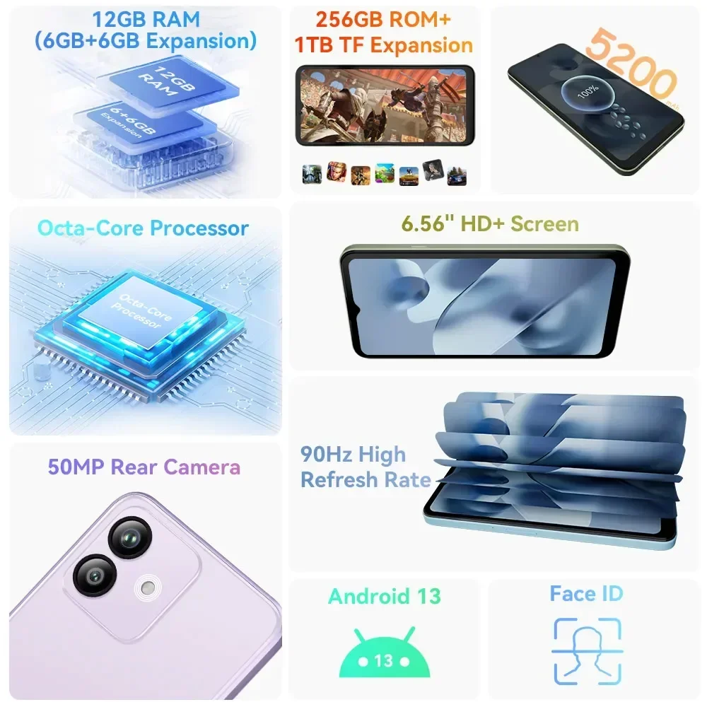 Cubot Note 40 Ultrathin Smartphones Octa-core 12GB+256GB 6.56 Inch HD 50MP Camera 5200mAh Android 13.0 Mobile Phone Face ID GPS